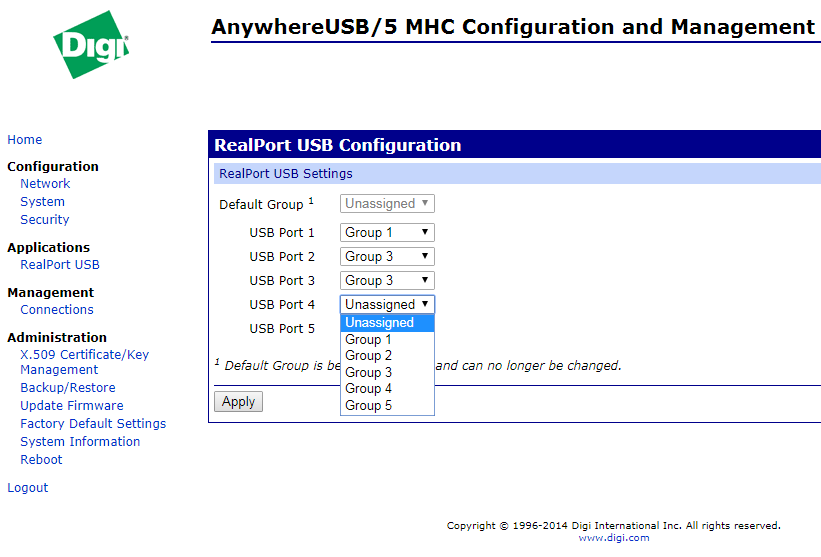 Настройка групп и интерфейсов, в меню RealPort USB Configuration.