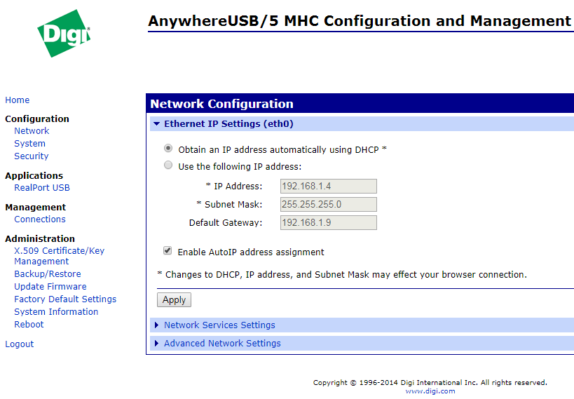 AnywhereUSB/5 MHC Configuration and Management - меню Network Configuration
