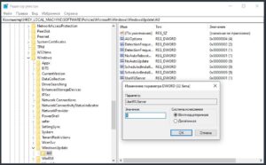 Отключение локального сервера обновлений WSUS через реестр Windows.